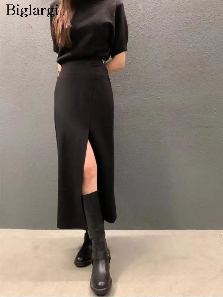 

Женская Асимметричная Юбка-миди с разрезом, черная облегающая офисная юбка с высокой талией, модель 2023 в Корейском стиле на осень