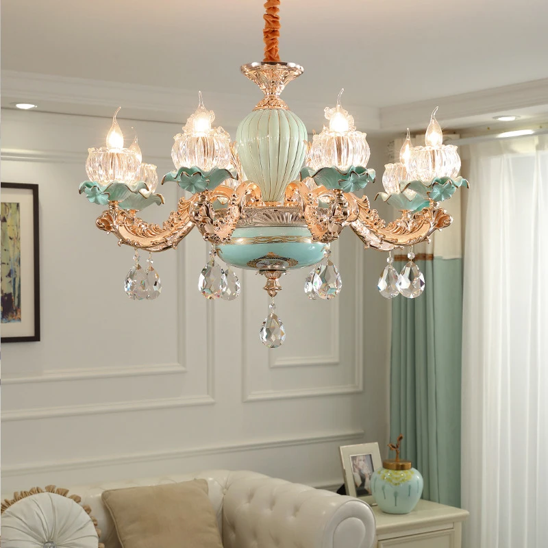 Flower Crystal Ceramic Retro Chandelier European Style Lamp For Living Room Bedroom Suspension Luminaire Villa Hanging Light