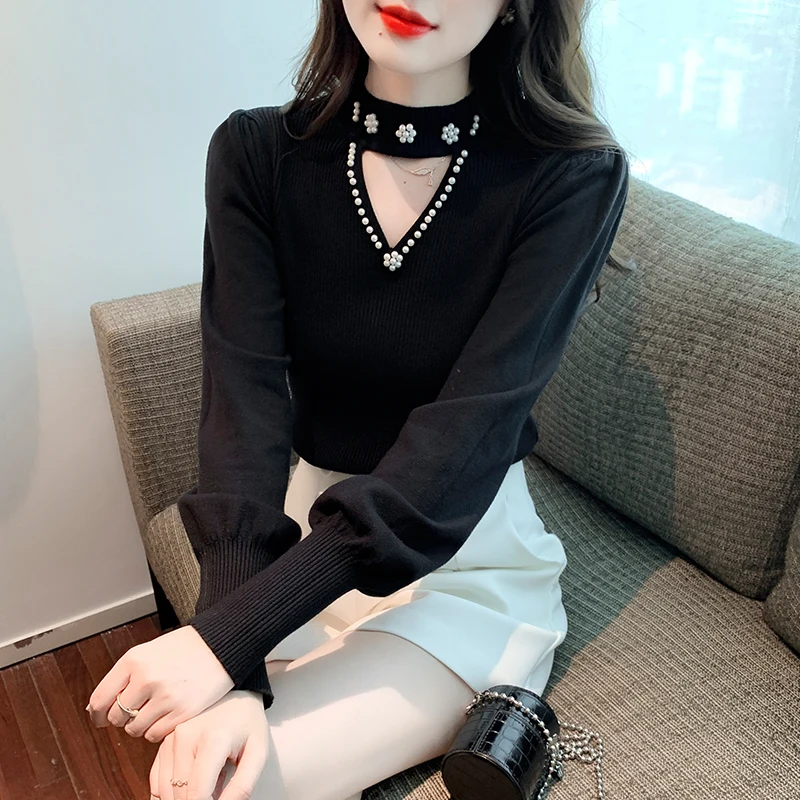

Design Sense Hollow-out Black Knitted Sweater Women's New Style Spring Fashion Beaded Half-high Collar Top