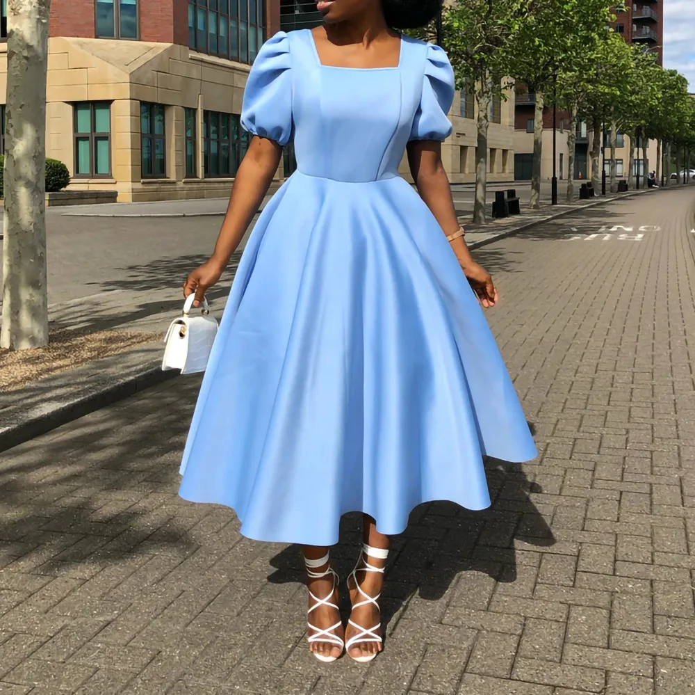 

Summer A-line Dress African Dresses for Women 2022 Elegant Short Lantern Sleeve Square Neck Robe Africaine Femme African Clothes