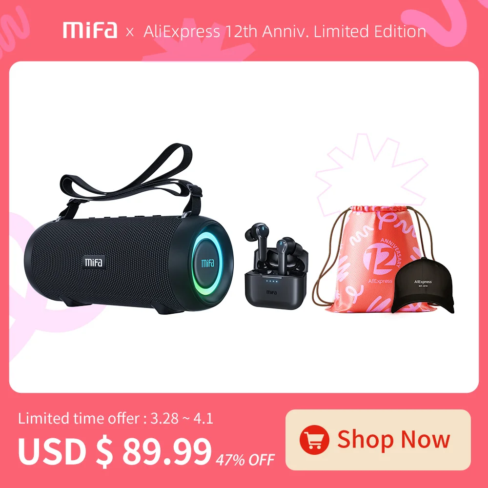 

mifa × AliExpress 12th Anniv. limited offer. A90 Bluetooth Speaker 60W & X180 Bluetooth Headphones. 328 sale only