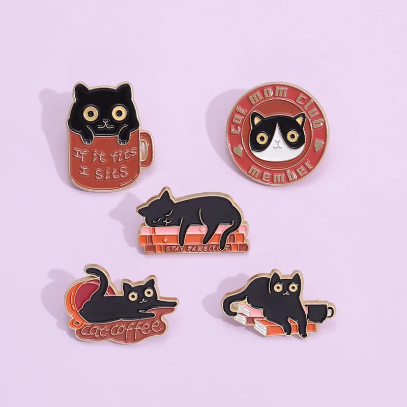 

Cat Mom Club Member Enamel Pins Cute Black Kitten Coffee Books Brooch Metal Lapel Badge Jewelry Accessories for Backpack Clothes