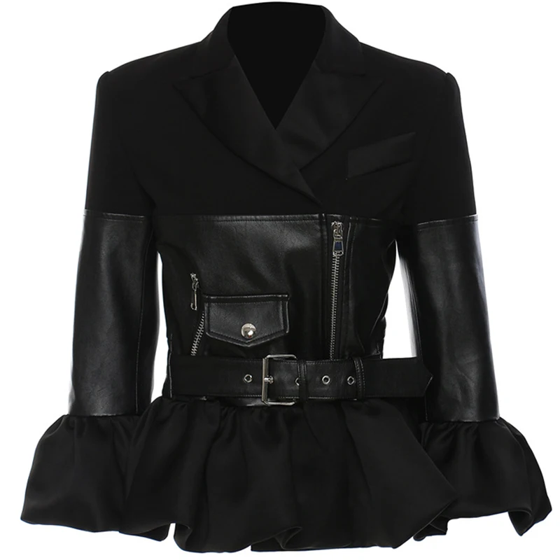 Winter Jacket Women Zip Up Leather Spliced Ruffles Black High Waist Tunic Belt Casual Jacket Coat