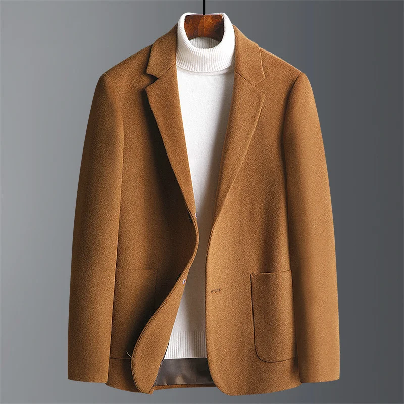Casual Suit Blazer Autumn Winter Yellow Woolen Suit Men Korean Slim Fit Wool Suit Jacket Long Sleeve Button Up Overcoat Blazer
