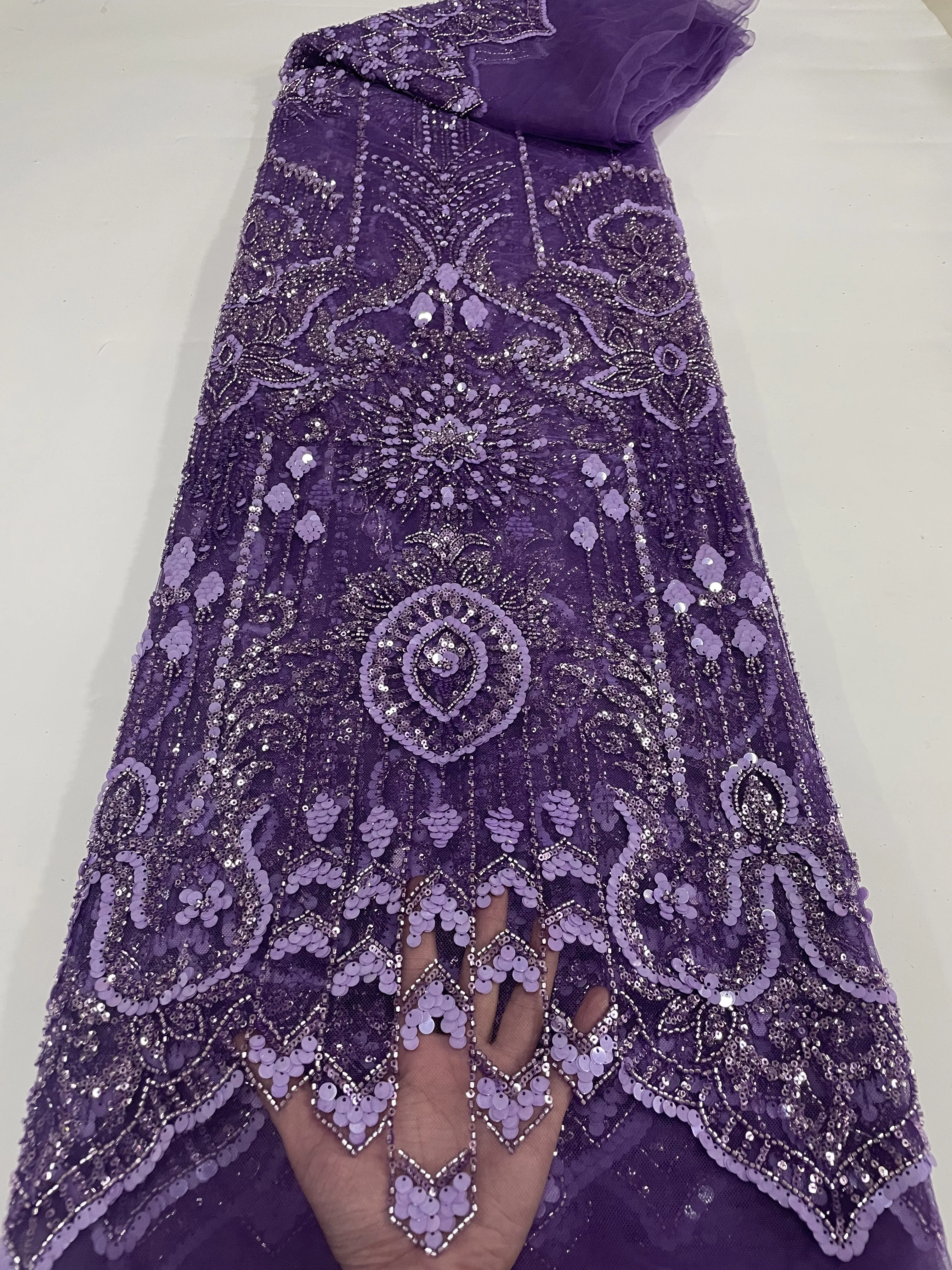 

2022 African Sequence Lace Fabric Purple High Quality 5 Yards Groom Lace Embroidery Sequins Lace Fabric For Wedding Party Dress