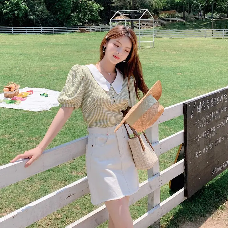 

COIGARSAM Blouse Women Summer 2022 Plaid Short Sleeve Puff Sleeve High Waist Blusas Womens Tops And Blouses Dropshipping