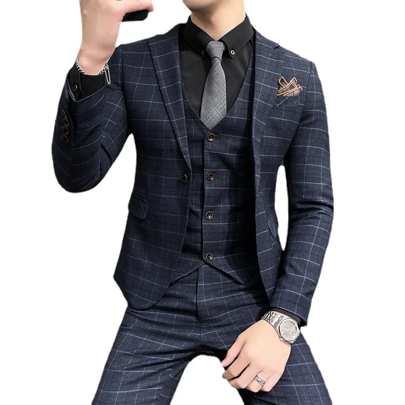 

( Jacket + Vest + Pants ) High-end Brand Men's Boutique Check Formal Business Suit Three-piece Set Groom Wedding Dress Tuxedo