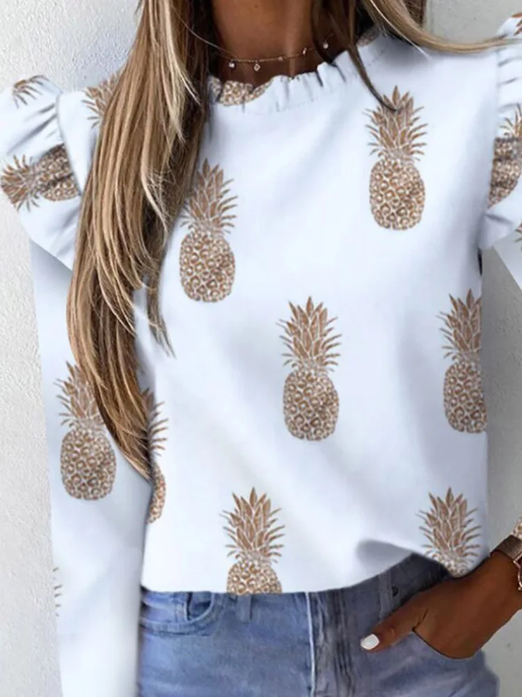 

Autumn Elegant Lily Print Ruffles Ladies Blouses Long Sleeve O Neck Women Slim Pullover Tops Streetwear Casual Soft Shirt Blusa