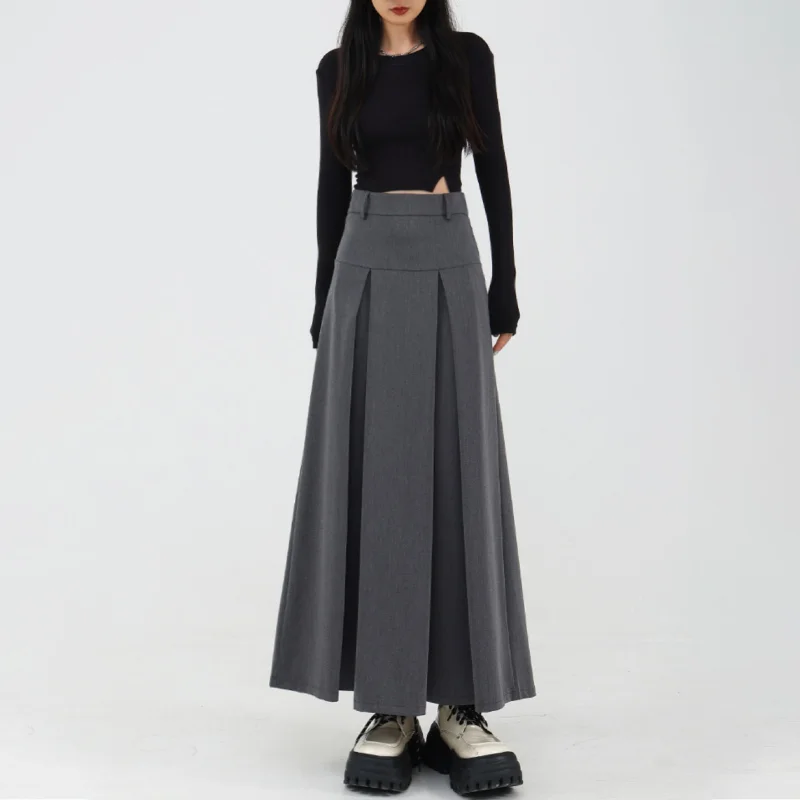 

College Style Pleated Suit Skirt Women Summer High Waist Hanging Gray A-Line Midi Skirts Korean Style