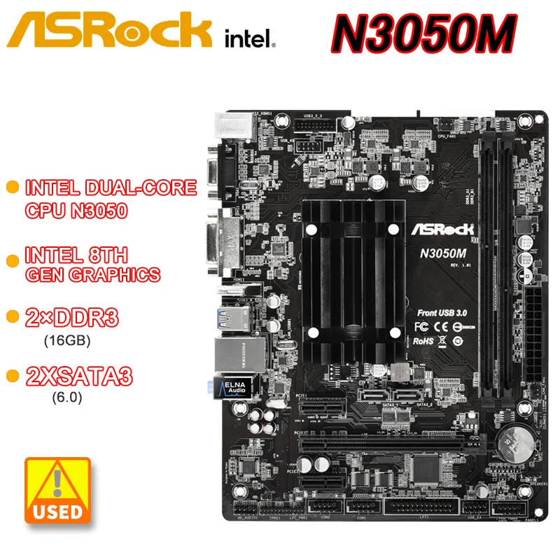 ASRock N3050M Motherboard Intel Quad Core Processor N3050 Intel 8th graphics 2 x DDR3 16GB HDMI SATA3  USB 3.1 MicroATX