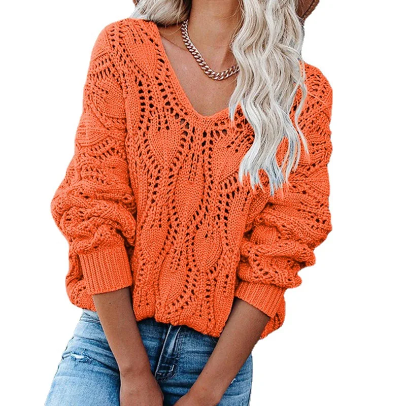 

Женский трикотажный свитер с вырезами, Свободный пуловер оранжевого, серого, синего, красного цветов с длинным рукавом и v-образным вырезом, весна-лето 2023