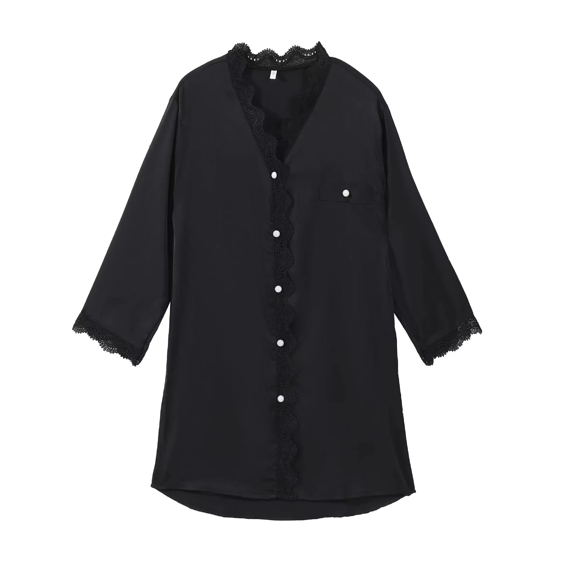 Spring And Summer Sexy Cardigan Solid Color Long-Sleeved Ice Silk Casual Home Service Pajamas Nightdress Women