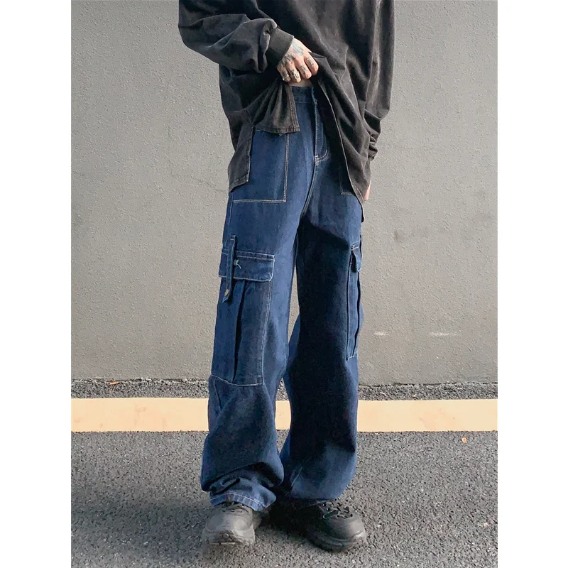 Streetwear Men Vintage Loose Blue Jeans 2022 Autumn New Pattern Fashion Multiple Pockets Straight Cylinder Cargo Pants Female