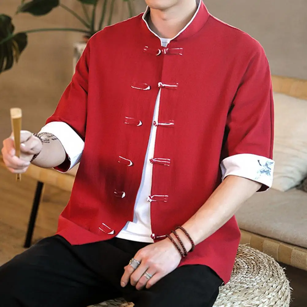 2024 летний топ с вышивкой Журавля Мужские Винтажные льняные рубашки в