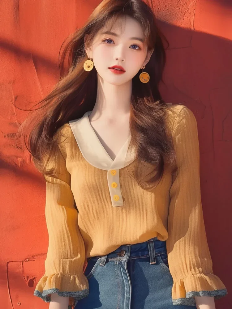 Шифоновая винтажная женская рубашка Новинка лета 2024 полосатая Корейская одежда