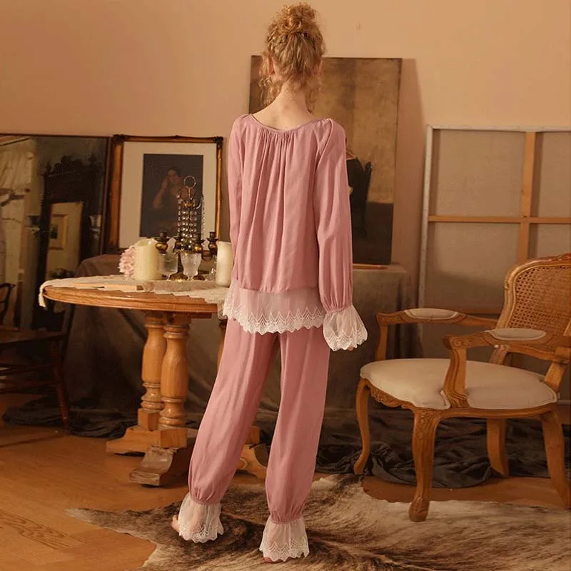 Roseheart Autumn Pink Women's Sleep Nightwear Pajama Sets Sleepwear Suits Luxury Nightgown 2 Pieces Lace Bow Homewear Classical