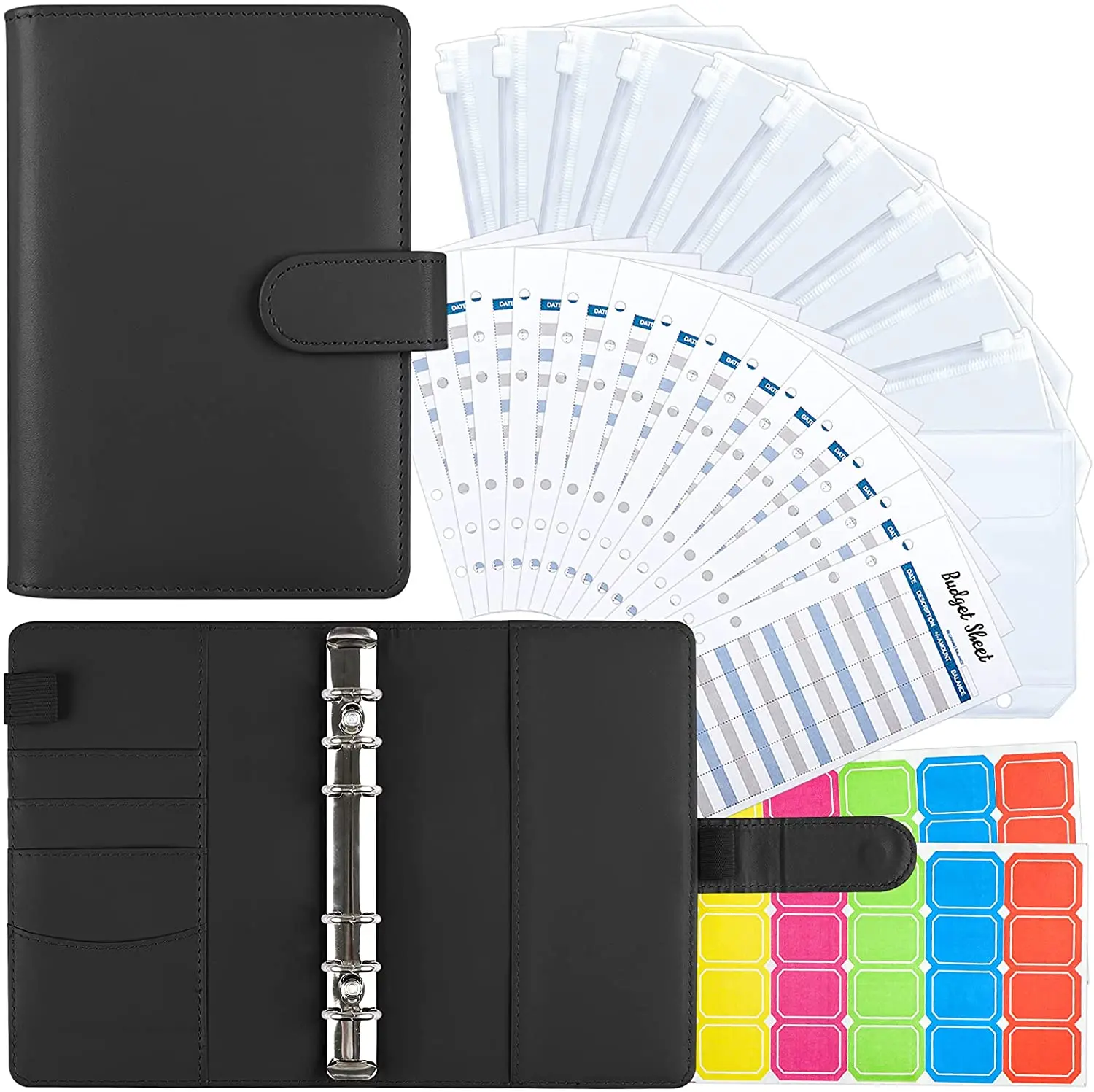 

A6 PU Leather Notebook Binder for Budgeting Cash Envelope Binder with 11 PVC Pockets,12 Budget Sheets and 2 Letter Sticker