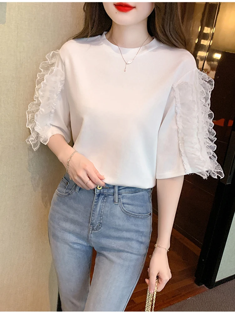 

Women Summer T-Shirts 2023 New Korean Lace Panel Short Sleeve round neck Trendy three-quarter sleeve T-shirt Top D3611