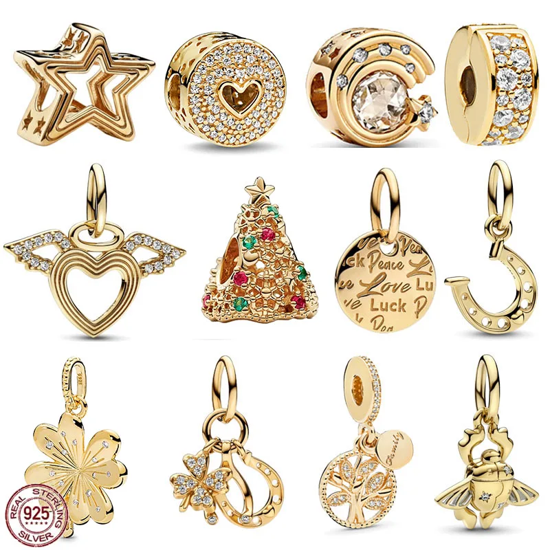 

925 sterling silver gold series angel wing Christmas tree honeycomb pendant fit original Pandora bracelet DIY fashion gift