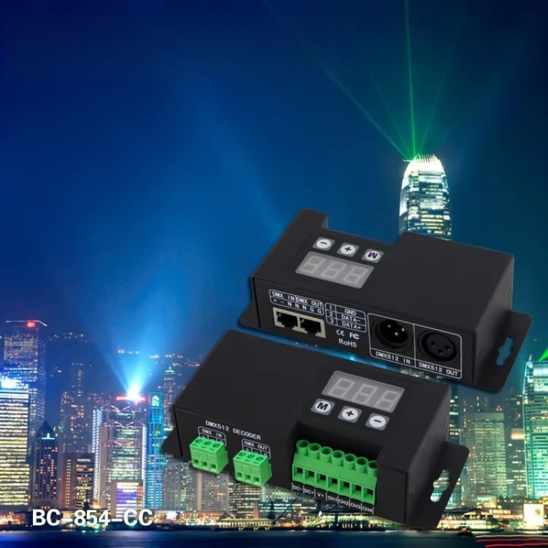 Фото Bincolor BC‑854‑CC 4-канальный RGBW DMX512 LED-декодер, контроллер постоянного тока 350 мА 700 мА с разъемами XLR‑3P и RJ45. №3