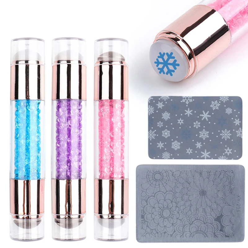 

3Pcs/Set Nail Art Stamp Silicone Head Crystal Print Plating Double Head with Scraper&Drill Stamper Stamping Plate Manicure Tools