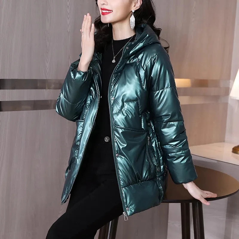 2022 New Bright Surface Thickened Down Padded Jacket Women's Hooded Mid-Length Loose Warm Coat Elegant Quilted Parka Outwear