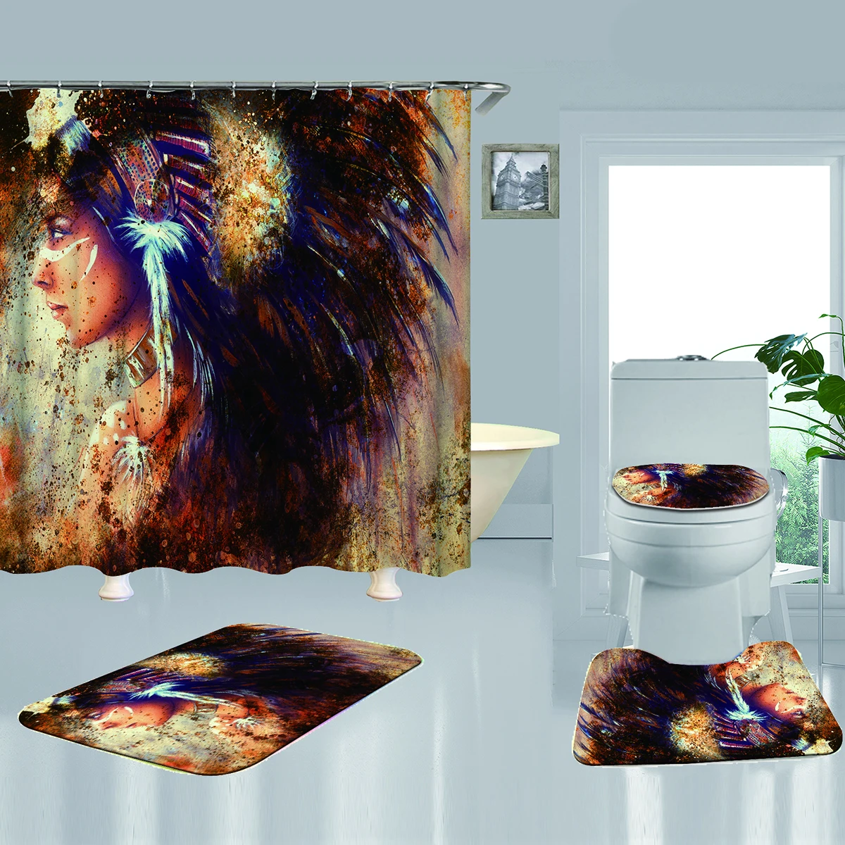 

4pcs/set Figure Print Non Slip Toilet Cover Mat Set Waterproof Shower Curtain with 12 Hooks for Bathroom Figure