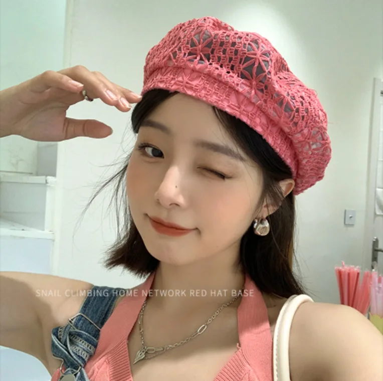 

Summer beret son hollow out breathable embroidery lace berry hat thin hook flower the stylish painter han edition