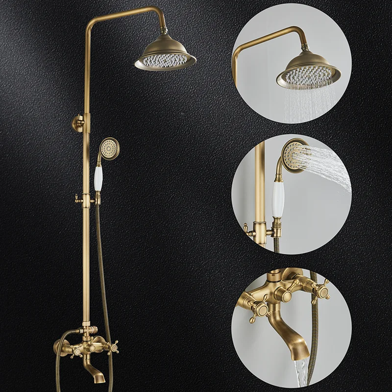 Душевой смеситель ванной комнаты Rainfall с двумя рукоятками, комплект из античной латуни, система с душевой головкой 8" и насадкой для душа.