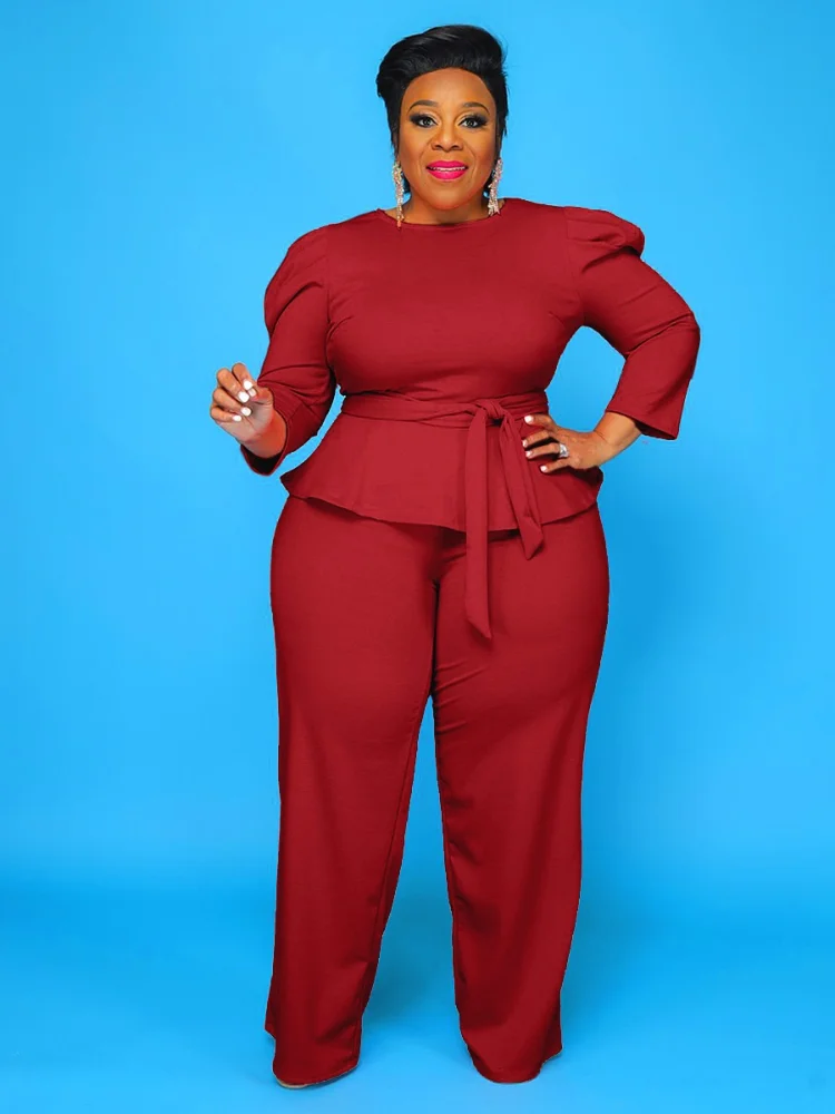 Plus Size Women Clothing Solid Ribbon Long Sleeved Trousers Large Two Piece Set Women Office Lady Woman Clothes Outfits O-Neck