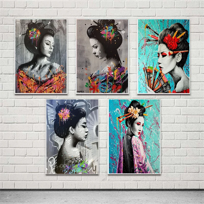 Японские технические красочные картины граффити на холсте женские плакаты-портреты и принты на стену для гостиной Декор прикроватный