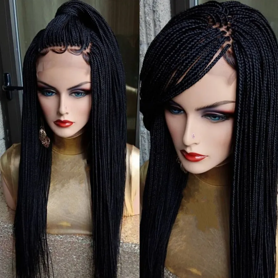 Long Braided Box Braids Lace Front Wig Black Color Afrian Women Style Mirco Braids Wig With Baby Hair 13X4 Lace Frontal Wig