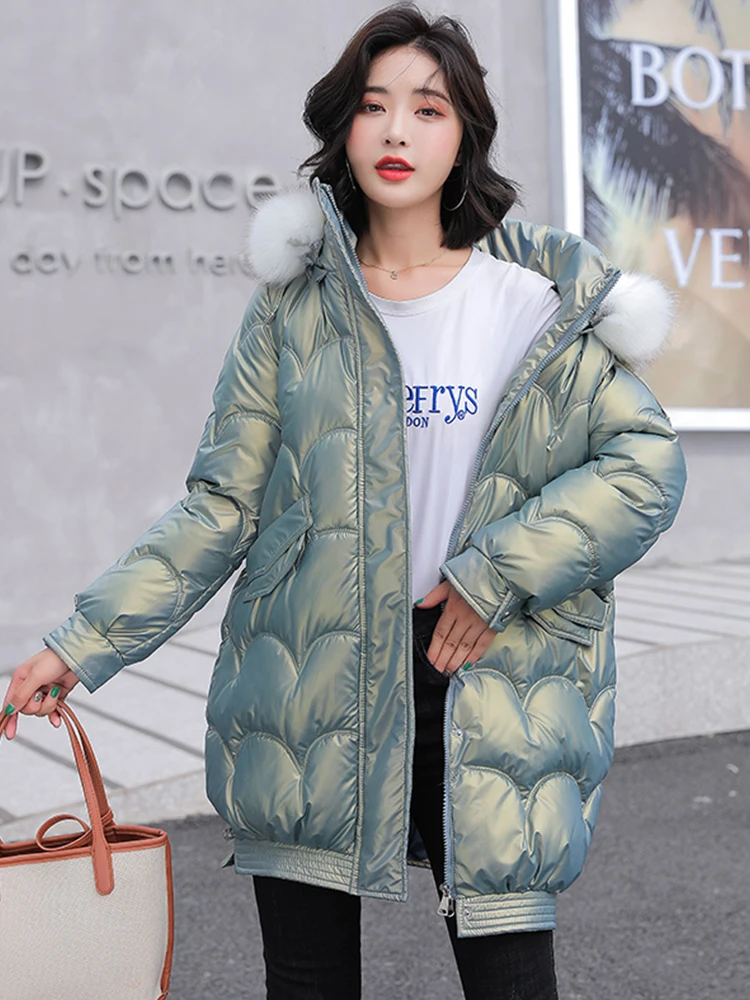 2022 Women Winter Jacket Bright Shiny Fabric Fashion Female Ladies Middle Long Parka Hooded With Fur Collar Coat