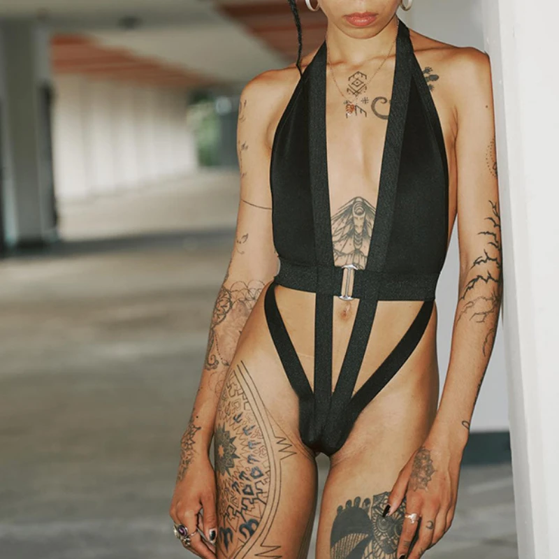 

Y2k Hollow Out Backless Black Unique Bodysuit One Piece Rave Festival Outfit Sexy Halter Tops Women 2022 Goth Techwear Y2k Punk