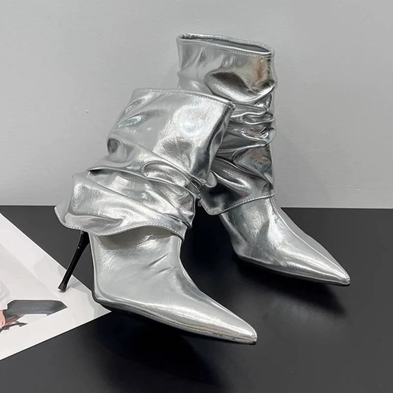 Сексуальные ботильоны на высоком каблуке с острым носком кожаные плиссированные