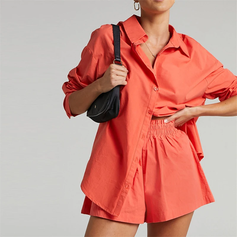 

Women Home Shorts Sets Long Sleeve Shirt Tops Loose High Waisted Mini Shorts Summer Office Cotton Casual Two Piece Sets Outfits