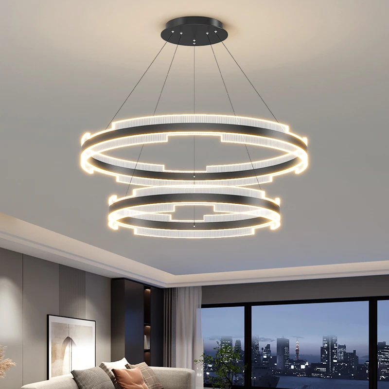 

Led Art Chandelier Pendant Lamp Light Modern Gold Black Rings Living Dining Room Decor Bedroom Hanging Luminaire