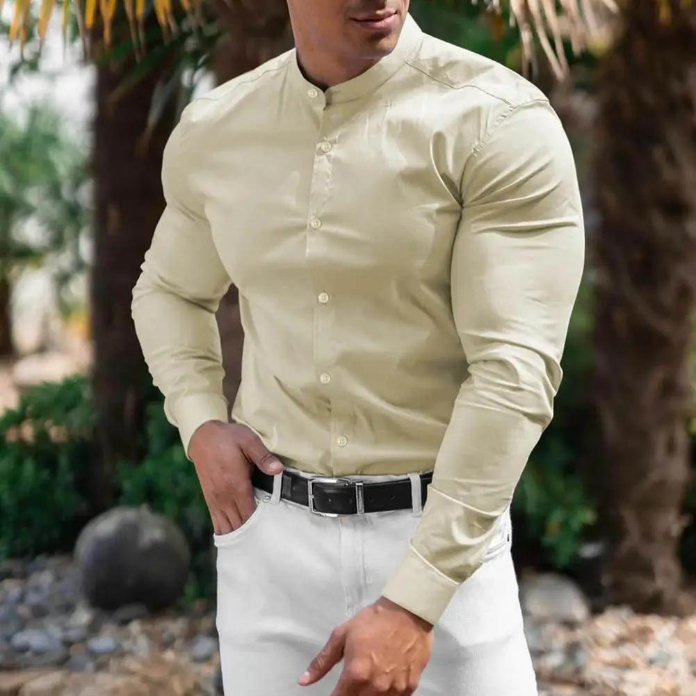 

Casual Trendy Pure Color Men Spring Shirt Long Sleeves Men Spring Shirt Stand Collar for Dating