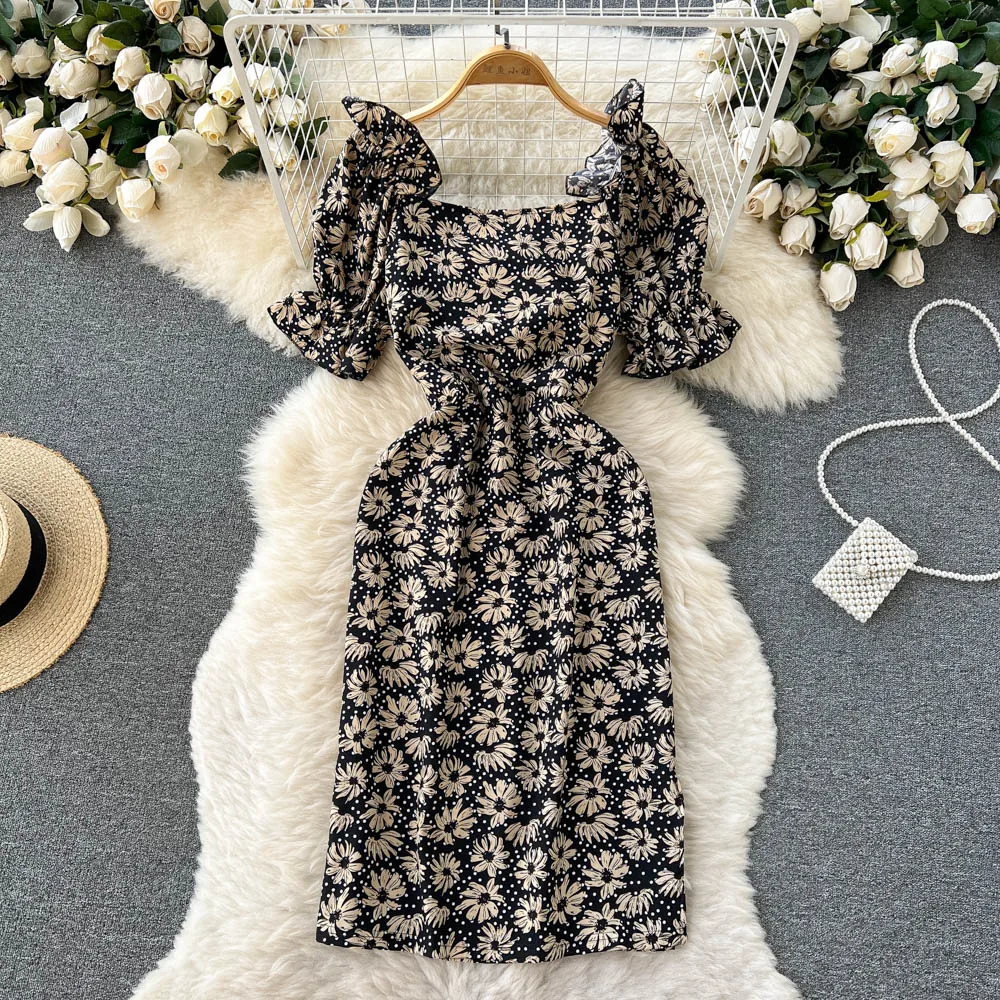 

Women's Summer New Fashion Square Neck Short Sleeve Retro Floral Print Wrap Hip Dress Sexy Clothes Vestidos E975