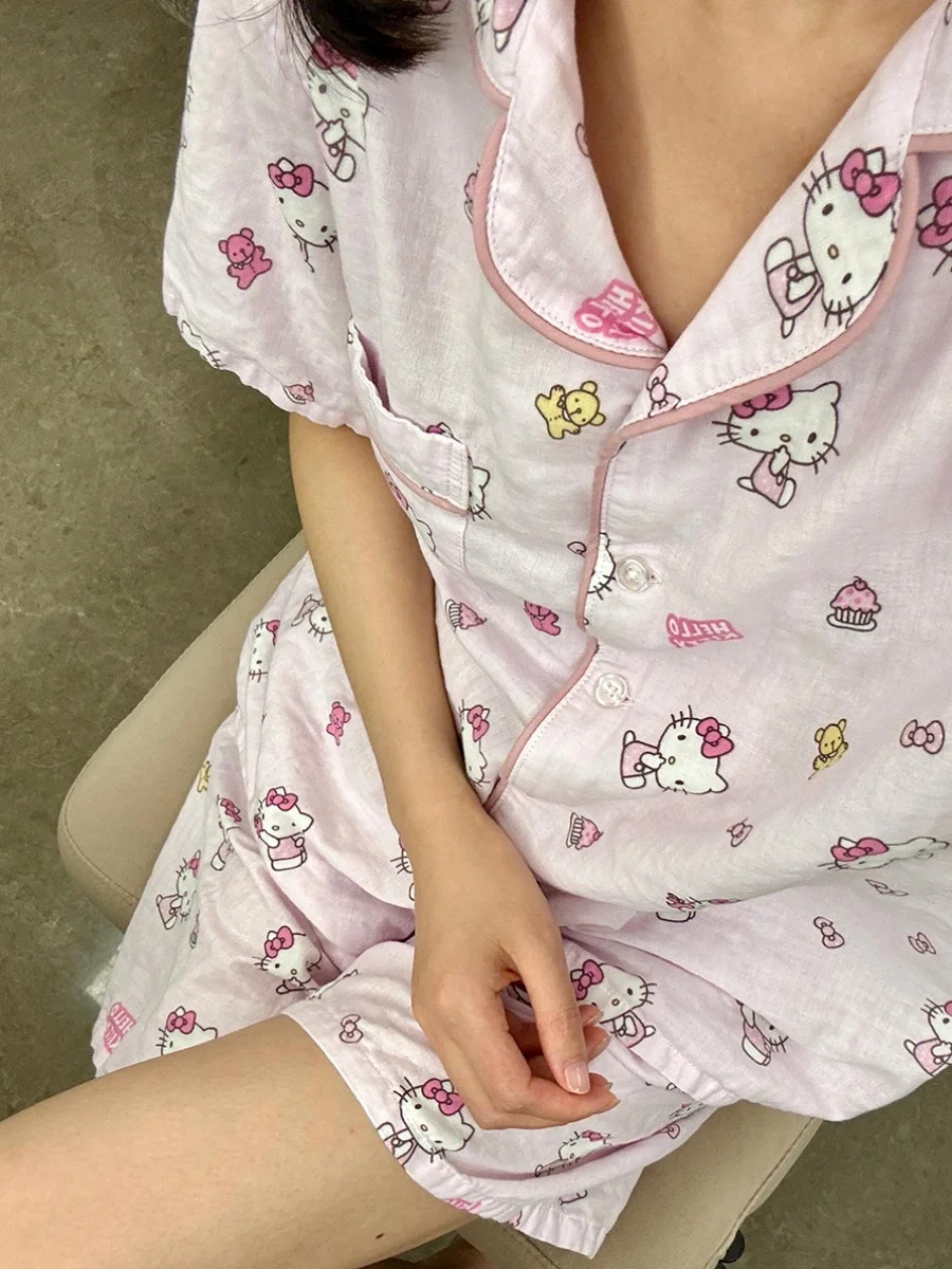 Летняя милая розовая пижама Hello Kit для девочек женский летний кардиган шорты с