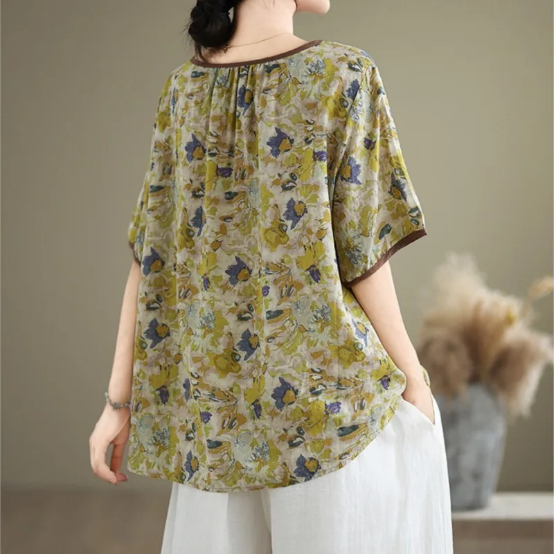 Женский пуловер с принтом Johnature Повседневная Свободная блузка круглым вырезом и