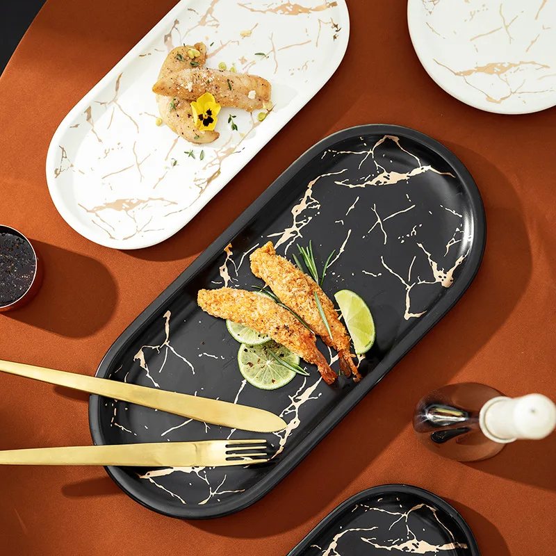 

Marbled Ceramic Fruit Dessert Cake Plate Gold Border Oval Jewelry Cosmetics Tea Cup Aromatherapy Storage Tray Kitchen Supplies