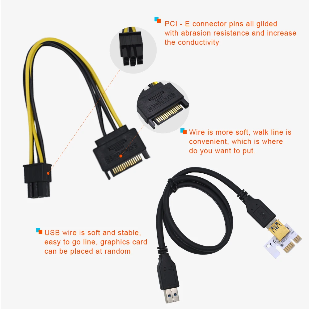 1-10Pcs TISHRIC PCIE Riser 009S VER009s Extender Adapter USB 3.0 SATA 15Pin to 6pin Cabo Video Card For BTC Mining Miner