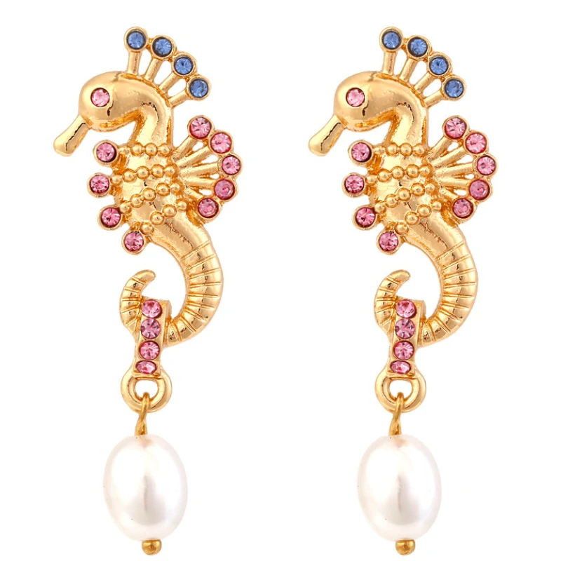 

Cute Temperament Rinestone Seahorse Pearl Earrings for Woman Jewelry