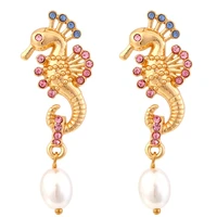 cute temperament rinestone seahorse pearl earrings for woman jewelry