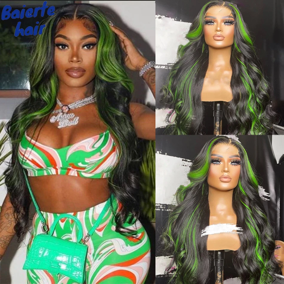 

180% Body Wave Lace Closure Wig Highlight 1B/Green Human Hair 4x1 Lace Closure Wig For Women 26" 28" Remy Hair T Part Lace Wig