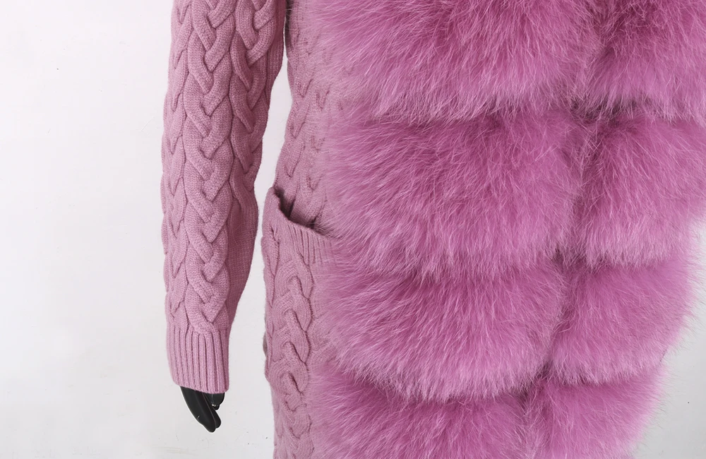 Women Real Fox Fur Hooded Knitted Sweater Autumn Winter Sweater Women Long Sleeve Warm Lady Knitwear Clothes Removable Cardigan