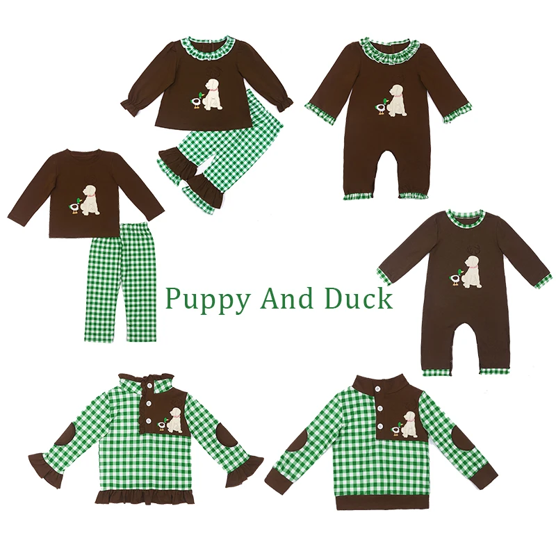 

Baby Cotton Long T-shirt Set Round Neck Puppy And Duck Printing Boy Brown Top Clothes And Green Lattice Suit Romper Pullovers