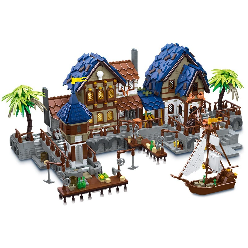 

89152 Medieval Port Light Model Street View Urban Architecture Assembly Small Particle Building Blocks Toys Gifts For Adult