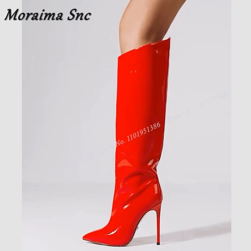 Moraima Snc Red Patent Leather Boots Front Cut Out New Boots Knee High Pointed Toe Shoes for Women High Heels Zapatillas Mujer